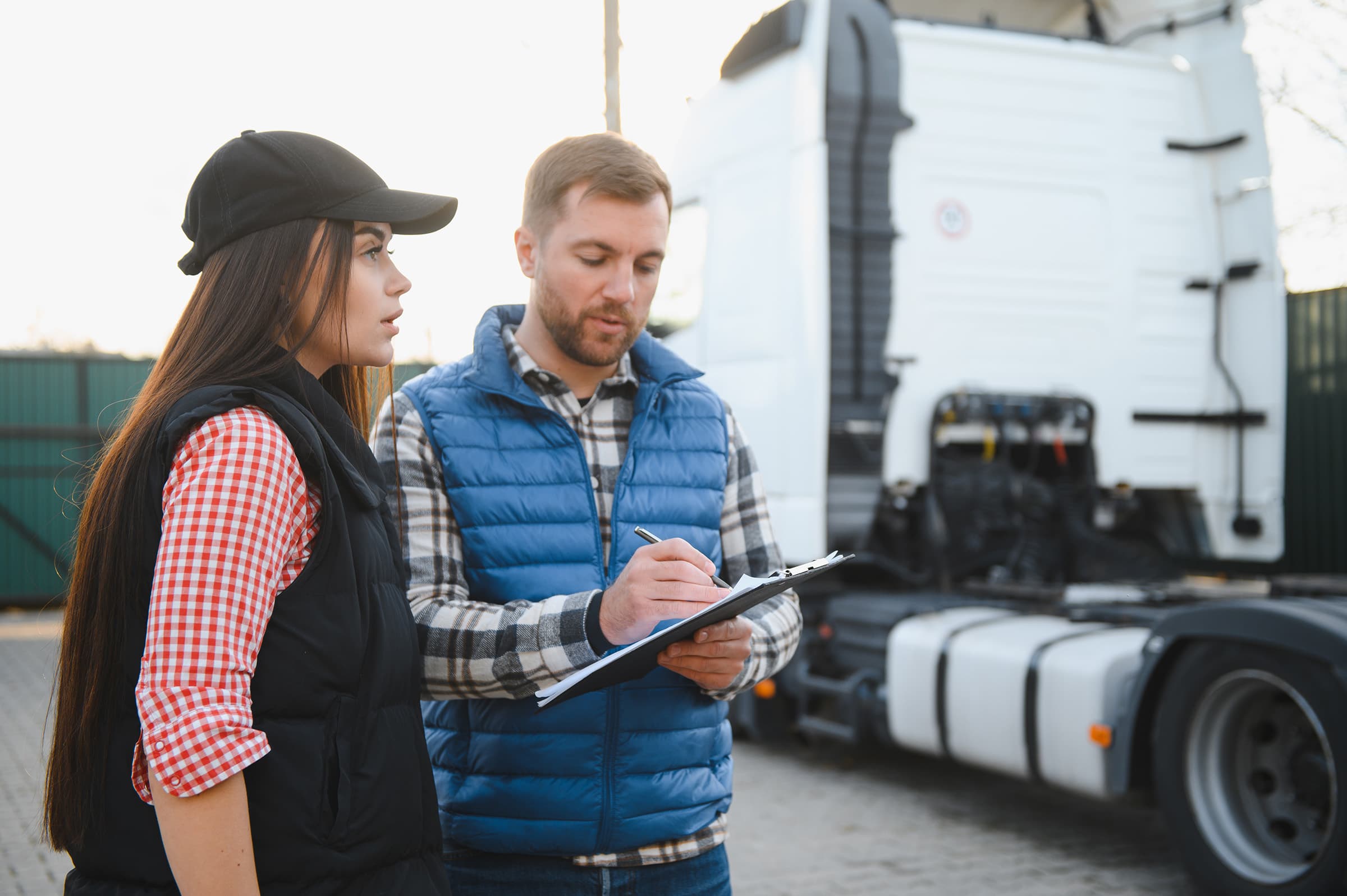 Man and woman looking at clipboard in front of truck