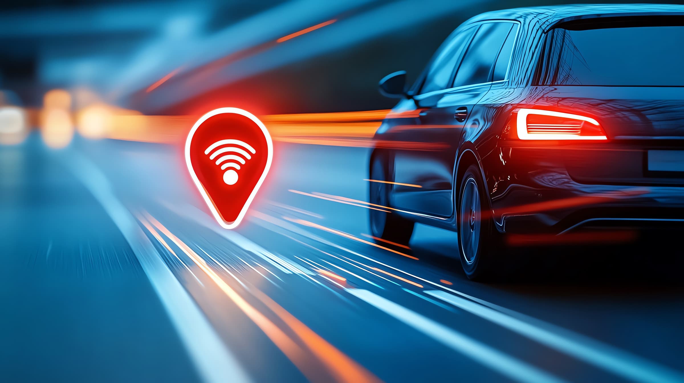 Car driving on road, connected to satellite for speed limit control